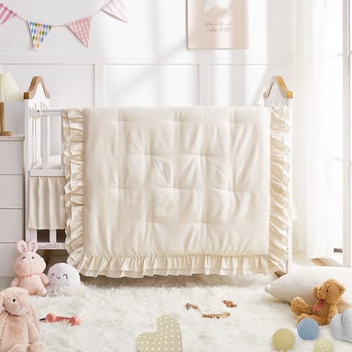 Image of Wowelife Girl Crib Bedding Set, 3-Piece Crib Comforter Set for Girls, Boho Ruffle Nursery Bedding Set Include Crib Comforter, Crib Fitted Sheet and Crib Skirt, Beige