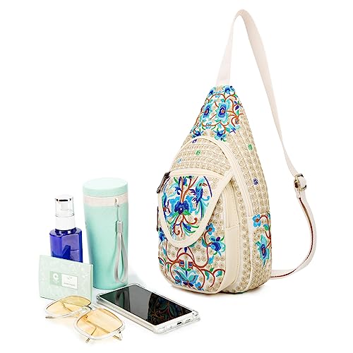 Image of SILKAREA Vintage Canvas Small Sling Bag for Women's Chest Purses Handbag Crossbody Bag Boho Embroidered Backpack Purse (Beige Blue)