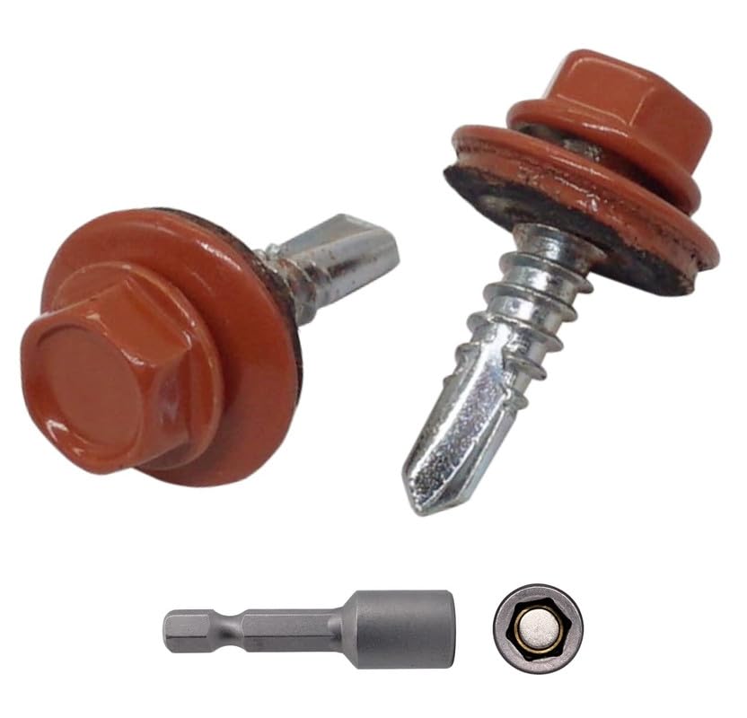 (Pack of 25) Metal Roofing Screws 3/16" x 3/4" (4.8 x 19 mm) Self-Drilling Screws with EPDM Washers Painted Hex Washer Tapping Screw Copper Brown RAL