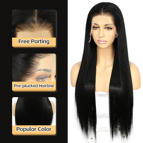 Sapphirewigs Black Straight Lace Front Wigs 13x6 Long Straight Wig for Women Lace Front Synthetic Hair 150% Density Party Daily Wear Heat Resistant 26inch - Image 3