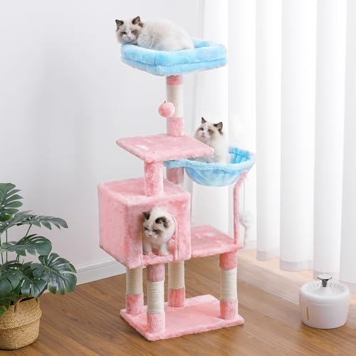 Image of Heybly Cat Tree with Toy, 43.3 inch Cat Tower condo for Indoor Cats, Cat House with Padded Plush Perch, Cozy Hammock and Sisal Scratching Posts, Blue and Pink HCT004SBP