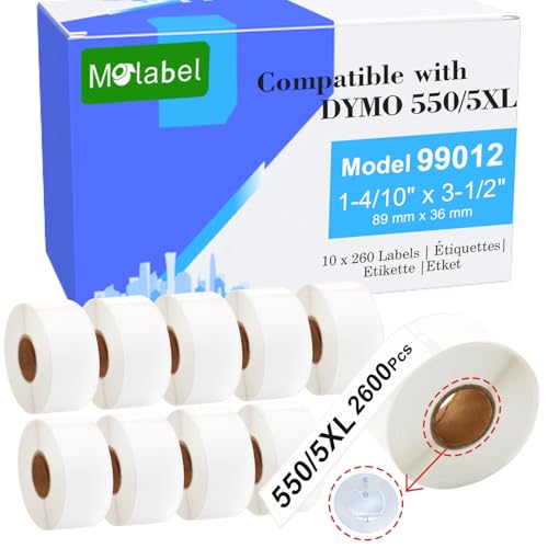 Molabel Etiquetas compatibles, 10 rollos (con chip RFID) 36mm x 89 mm, 260 etiquetas por rollo, adecuado para Dymo S0722400 99012, compatible con impresoras Dymo LabelWriter 550