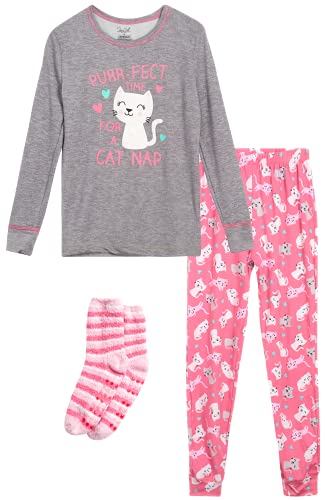 Rene Rofe Girls’ Pajama Set – Long Sleeve Shirt, Fleece Pajama Pants, Slippers/Socks: Kittens, Unicorns, Owls, Llama (6-12)
