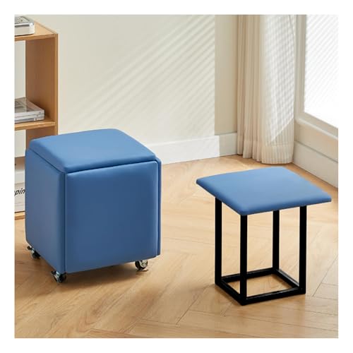 Tabourets cubiques cuir bleu roulettes mobiles