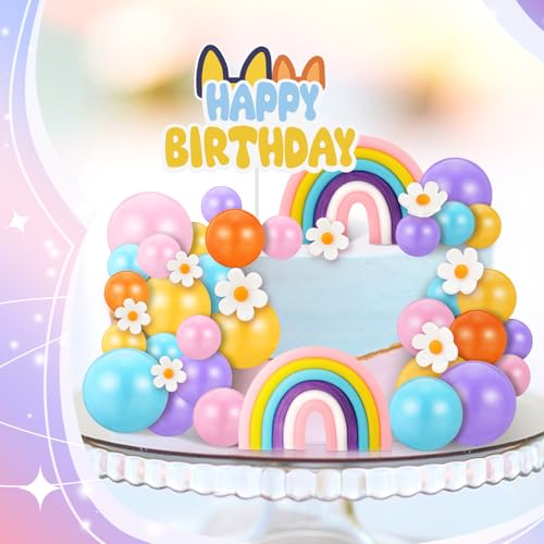63 Pcs Cake Toppers with Balls Daisy Rainbow Cake Topper, Blue Cake Topper Pastel Cupcake Toppers Cake Decorations for Birthday Wedding Groovy Party Supplies by ProSuites - Used condition - Image 3