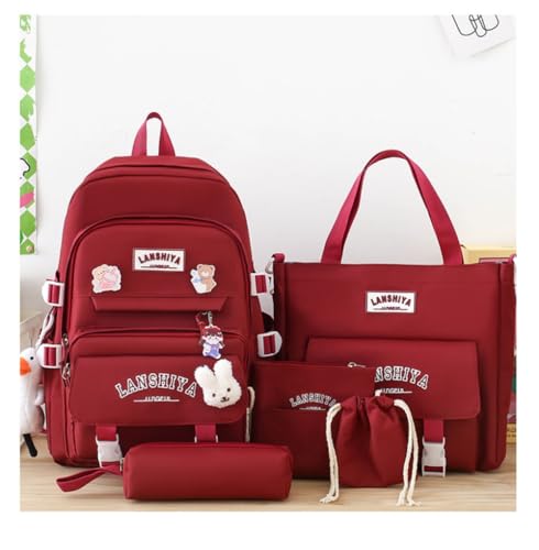 Cute backpack with accessories kawaii 5PCS Set Aesthetic Waterproof backbags (Red)2