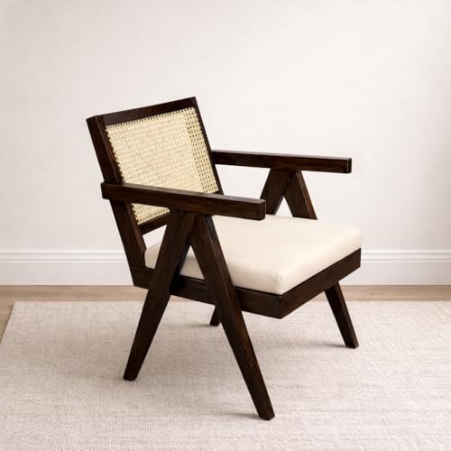Image of Sainistree Furniture Solid Sheesham Wood Rattan Armchair, Walnut Finish Cane Back Chair with Cream Upholstery, Elegant Wooden Chair for Living Room, Bedroom, Dining, Indoor & Outdoor Furniture (Cream)