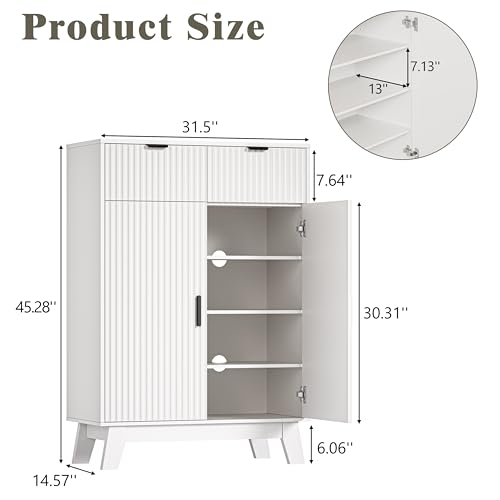 Image of Shoe Cabinet Storage for Entryway with Doors, 4 Tier Fluted Shoe Organizer with 2 Drawers, Entryway Shoe Storage with Adjustable Shelves, Freestanding Hidden Shoe Rack for Front Door Entrance, White
