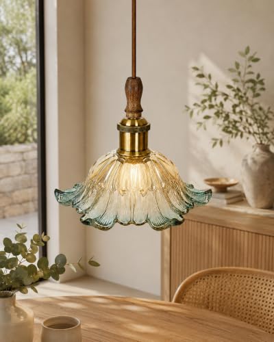 Image of Homesake Botanica Pendant Lamp | Petal Scalloped Glass Hanging Light with Solid Wood Top | Vintage European Ceiling Fixture, Pendant Light for Home Decor, Hallway, Foyer & Balcony, (Tulip, Blue)