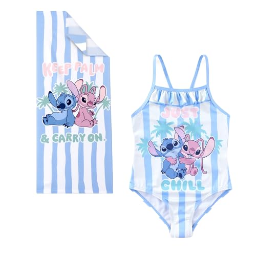 Disney Lilo and Stitch Girls One Piece Swimsuit Bathing Suit with Pool Beach Towel 20 x 50 Set for Toddler to Big Kids Blue