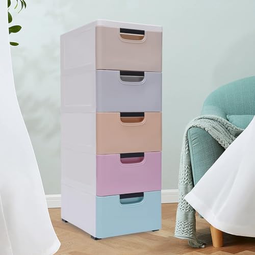 Torre de almacenamiento de plástico con 5 cajones y 4 ruedas, organizador móvil para dormitorio, armario y sala de estar