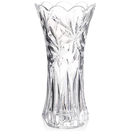 JASVIC 30CM Tall Crystal Flower Vase with Orchid Design Clear Glass Decorative Vase for Roses Tulips Lilies Large Vase for Centerpiece Living Room Dining Table Office Wedding