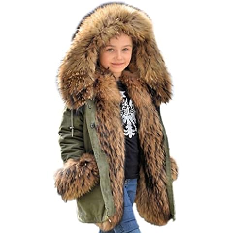 Aox Girls Boys Winter Faux Fur Hoodie Camo Coat Kids Warm Thicken Jacket Age 6-13 (Age 8-9/Tag M, Green) Cover
