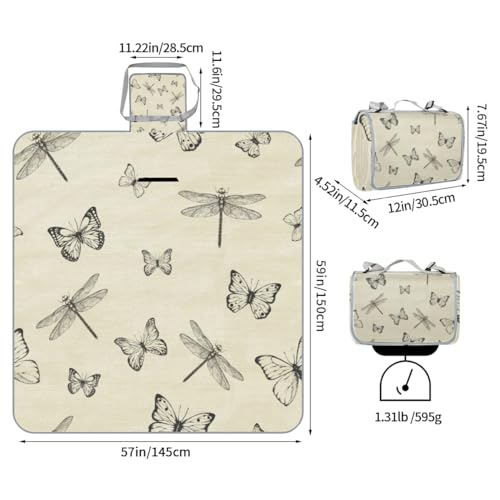 Shimoshe Picnic Blankets 57”x 59”, Butterfly Dragonfly Waterproof Sandproof Picnic Mat Lightweight Foldable Beach Blanket for Camping Park Grass Beach Outdoor Blanket