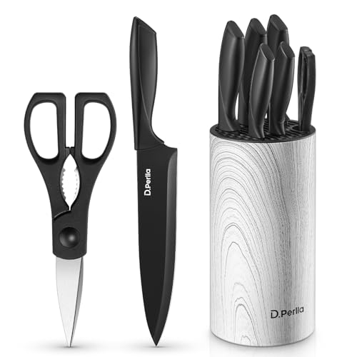 D.Perlla Knife Set with Block, 7 Piece Kitchen Knife Sets, Stainless Steel Black Coating, Upright Knife Block, Lightweight and Non-Slip Handles, for Easy Cleaning and Drying