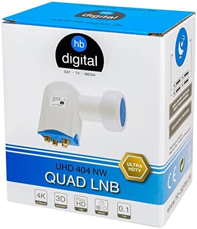 HB-DIGITAL Quad LNB LNC 4 uczestników Satellite Direct Full HD TV 3D 4K DVB-S DVB-S2 SAT Head White + styki pozłacane + ochrona przed warunkami atmosferycznymi (możliwość przedłużenia) + 8x F-Plug pozłacane