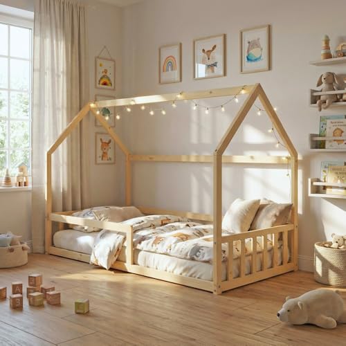 WEBER INDUSTRIES Lit cabane Nemo 90x190 + 1 sommier + barrière/Naturel