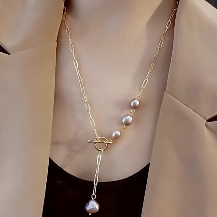 Natural Freshwater Baroque Pearl Necklace with Gold Plated Martinee Chain for Women, Trendy Jewelry Gifts for Her, Anniversary and Birthday Gifts for Wife and Girlfriend2
