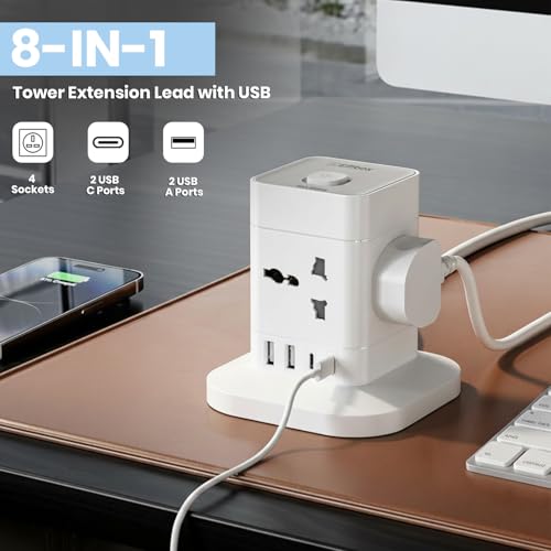 Image of EMBOX Cube Extension Board with USB Type C | 2500W Extension Board with Switches | Extension Cord with 4 Universal Sockets Safety Shutter & Overload Protector (Power Hub - 2mtr)