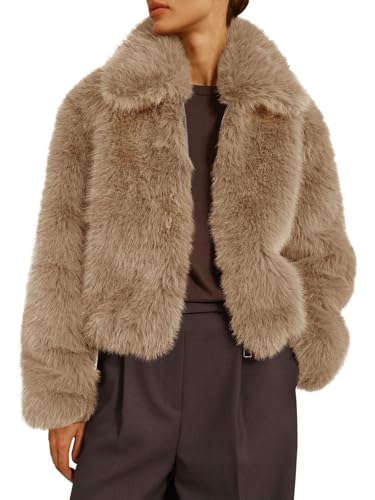 Tankaneo Womens Cropped Faux Fur Jacket Shaggy Lapel Zip Up Winter Coats Fuzzy Warm Outerwear