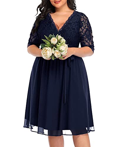 Pinup Fashion Plus Size Lace Chiffon Wrap V Neck Dresses Women Cocktail Wedding Guest Midi Dress3