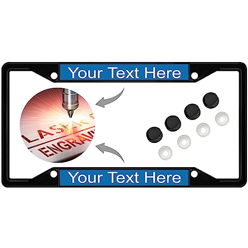 Image of Personalized with Custom Text Design - 4 Hole Black Metal Laser Engraved US Standard Size - Car License Plate Frame with Free caps - Blue /White Text (Qty: 1 Frame)
