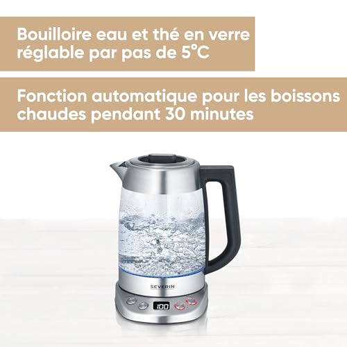 SEVERIN Bouilloire Eau et Thé, 1,7L, 3 000W, Filtre à thé, Température et Temps D'infusion Personnalisables, Verre/Inox, WK 3480