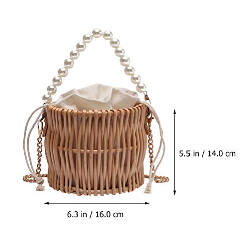 Natural Handwoven Wicker Handbag Straw Purse for Women Pearl Hand Woven Handbag Beach Bag Wicker Summer Woven Crossbody Shoulder Bag Pearl Shoulder Bag Straw Basket Purse3