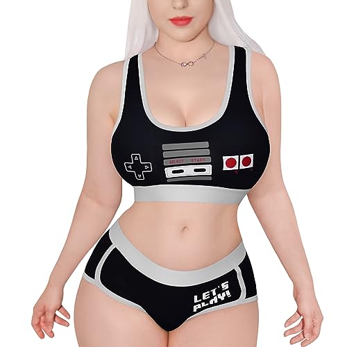 Littleforbig Women Cotton Camisole and Panties Sports loungewear Bralette Set - Lets Play Gamer Girl Black 4XL
