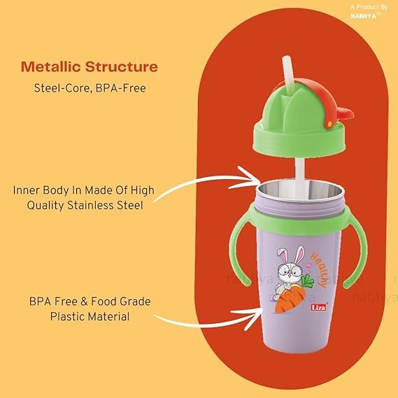 Zerya Stainless Steel Double Walled 360ml BPA-Free Sippy Cup Anti-Spill Soft Silicone Spout Baby Sipper Water Bottle with Straw and Side Handle for Kids (Note -Color Random as Per Availability) 4