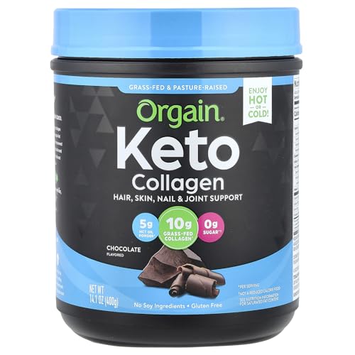 Orgain Keto Collagen Protein Powder with MCT Oil, Chocolate - Paleo Friendly, Grass Fed Hydrolyzed Collagen Peptides Type I and III, Dairy Free, Gluten Free, Soy Free, 0.88 Lb (Packaging May Vary)