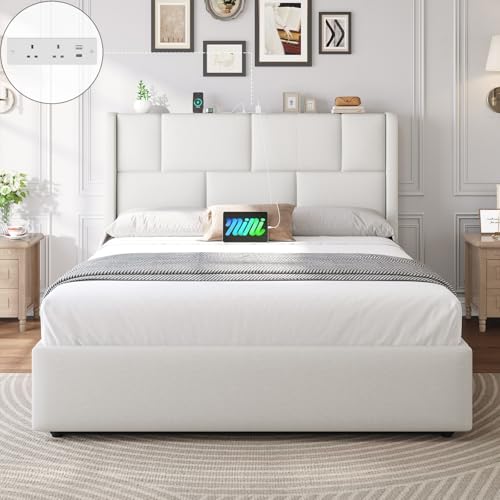 Brinlawb 4ft6 Double Ottoman Bed Frame with Hydraulic Lift-Up Storage Upholstered Double Bed Frame with Height-Adjustable Headboard & Charging Station Ample Under-Bed Storage Space 135x190cm White