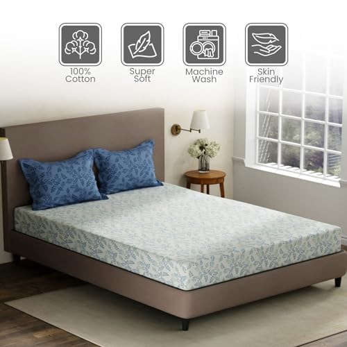 Image of Layers 100% Cotton King Size Bedsheet Set | Blue Floral Print | 120 TC Forever Collection | Soft & Breathable | Washable Bedsheet with 2 Pillow Covers | All Season
