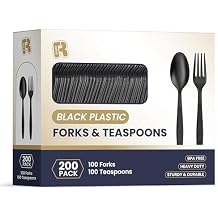 200 Count Black Plastic Silverware Heavy Duty - Black Plastic Forks And Spoons Set - BPA Free Plastic Utensils Set - Heat Resistance Cutlery For All Occasions