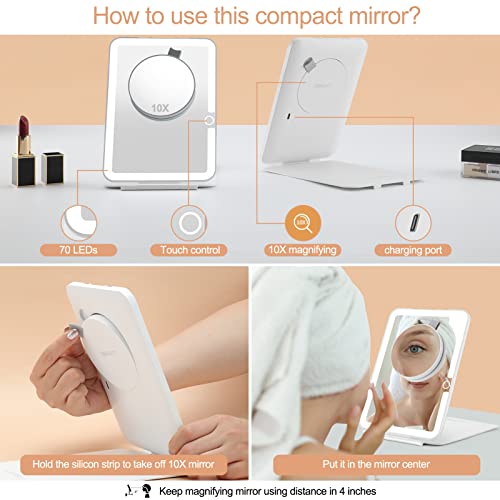 Lukymiro Rechargeable Travel Makeup Mirror With Lights, Portable Lighted Vanity Mirror With 10X Magnification, 70 Leds 3 Color Lights, Dimmable Touch Screen, Tabletop Folding Compact Cosmetic Mirror #TOP1