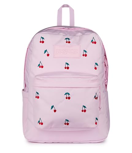 JanSport Superbreak Plus FX Backpack - Work Travel or Laptop Bag with Water Bottle Pocket - Pink Ice Cherry Emb