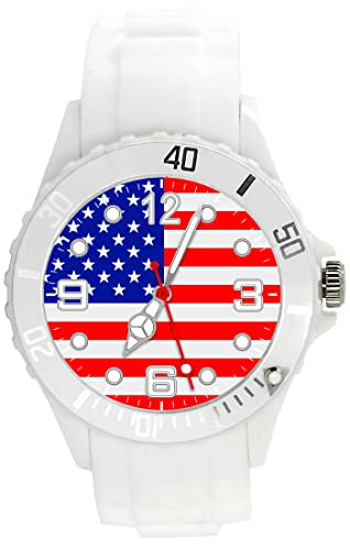TAPORT Montre Quartz Silicone Blanc Drapeau USA, blanc, Sangle