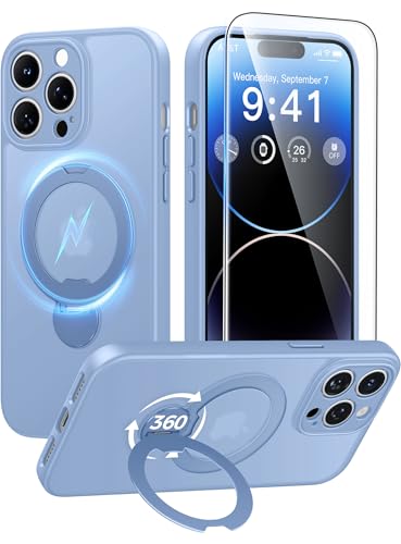 Image of FNTCASE for iPhone 14 Pro-Max Case: [360 Spin Magnetic Stand] [Compatible with Magsafe] [Screen Protector] Translucent Matte Military Grade Shockproof Full Camera Protective Phone Cover - Light Blue