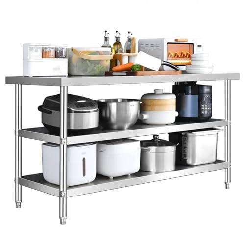 Mesa de preparación comercial de acero inoxidable de tres niveles, resistente, multifunción, con parte superior grande (80 x 50 x 80 cm), ideal para restaurantes y catering
