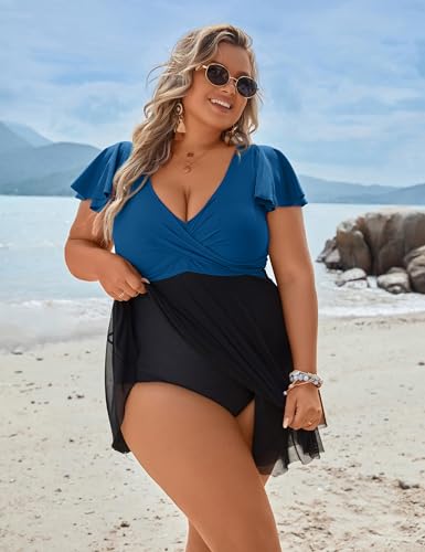 Image of Blooming Jelly Women's Plus Size Bathing Suit One Piece Swim Dress Tummy Control Swimsuits Ruffle V Neck Swimwear