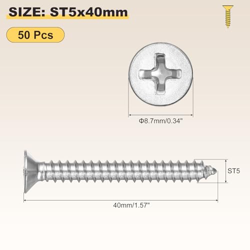 METALLIXITY 50Pcs (ST5x40mm) Tornillos para madera Phillips avellanados de acero inoxidable SS304 miniatura 2