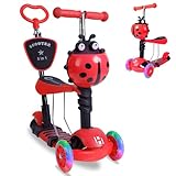 Habib Gruppe 5-in-1 Kinderroller mit Rückenlehne für Jungen und Mädchen - Abnehmbarer Sitz, LED-Räder, Höheverstellbarer Lenker, Tretroller - Kinder Roller Outdoor Spiel, für 2-8 Jahre Kinder (Rot)