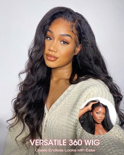 360 HD Lace Front Wigs Human Hair Kinky Straight 220 Density Hidden Strap Flexible Fit Glueless 360 Wig Human Hair Full Lace Pre Plucked Pre Cut with Invisible Drawstring for Black Women 16 Inch
