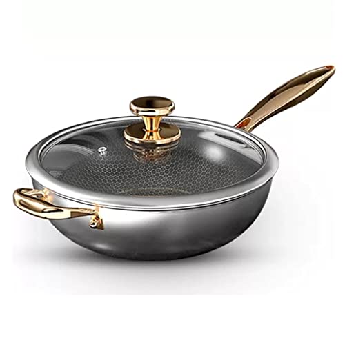 Poêle Wok Antibactérienne En Acier Inoxydable Avec Couvercle, Poêle À Frire Antiadhésive Anti-rayures Avec Double Poignée Dorée, Texturée En Nid D'abeille, Grande Sauteuse Profonde For Cuisinières Éle