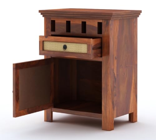 Image of Sheesham Wood Bedside Table for Bedroom Living Room Home Office with 1 Drawer and Cabinet Storage Solid Wood Table Furniture | End Table | Nightstand | Sofa Side Table (Honey Finish)