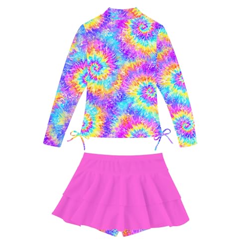 Image of Vogseek 3-12T Girls Swimsuit Long Sleeve Rashguard Bathing Suits Swim Set | Quick Dry, UPF 50+ Sun Protection, Swimming Skirt, Boyshorts, Zipper Two Piece Long Sleeve Swimsuits, Adjustable Drawstring