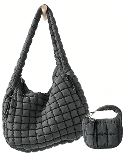 Image of Large Quilted Puffer Tote Bag for Women with Mini Pouch Puffy Crossbody Bags Purse Hobo Puff Shoulder Carryall Gym Travel