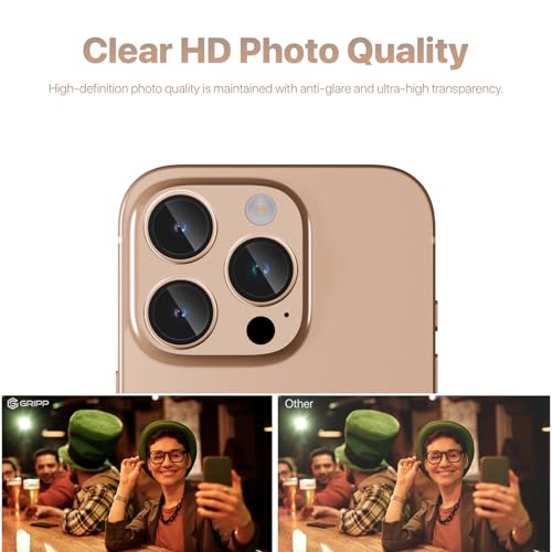 Image of GRIPP 3in1 Focal Camera Lens Protector for iPhone 16 Pro, iPhone 16 Pro Max / 17 Pro / 17 Pro Max / 15 Pro / 15 Pro Max, Aluminium Alloy Ring, Ultra-Clear HD Glass, Easy Install - Gold