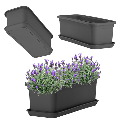 KADAX Blumenkasten 40 cm Anthrazit mit Untersetzer – Balkonkasten aus Kunststoff, Pflanzkasten für Innen- und Außenbereiche, Blumentopf für Balkon, Terrasse, Fensterbank