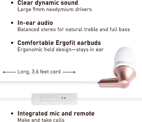 Image of PANASONIC ErgoFit Earbud Headphones with Microphone and Call Controller Compatible with iPhone, Android and BlackBerry - RP-TCM125-N - in-Ear (Rose Gold)